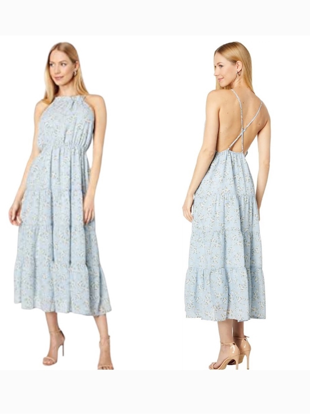 En Saison Pale Blue Floral Backless Halter Midi Dress